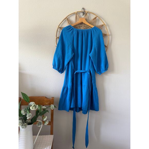 Sonoma Blue Gauze Muslin Flowy Dress/Tunic w/ Waist Belt Tie Pockets Sz LARGE - Picture 8 of 11